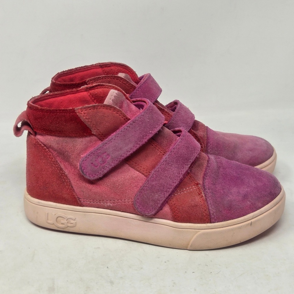 UGG Kids Rennon‎ ll Pink Red Suede High Top Sneakers Double Strap Hook Loop Sz 1